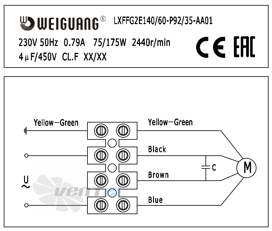 Шильдик и схема электрического присоединения Weiguang LXFFG2E140-60-P92-35-AA01 230V