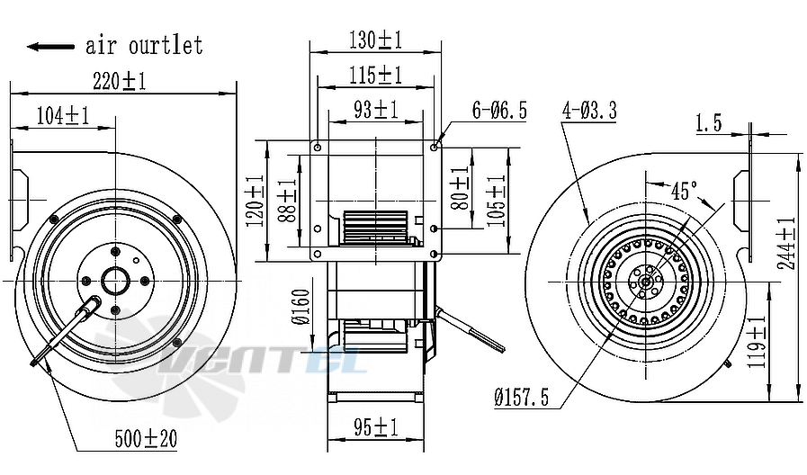 Присоединительные размеры Weiguang LXFFG2E160-60-M92-35 220V