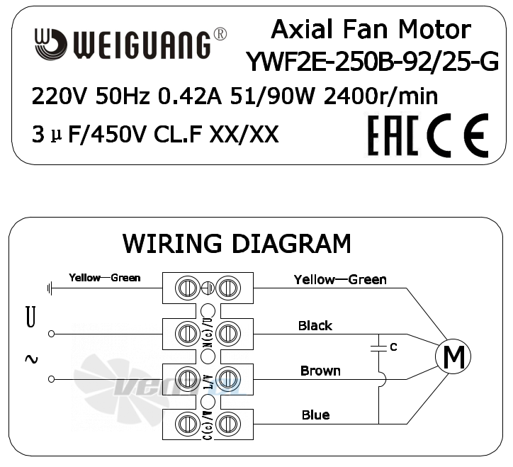 Шильдик и схема электрического присоединения Weiguang YWF2E-250B-92/25-G