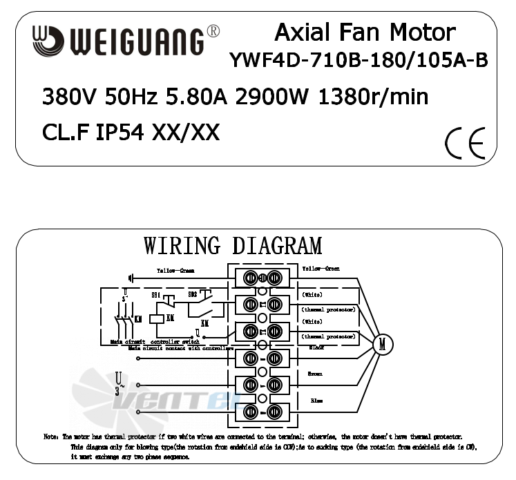 Шильдик и схема электрического присоединения Weiguang YWF4D-710B-180/105A-B