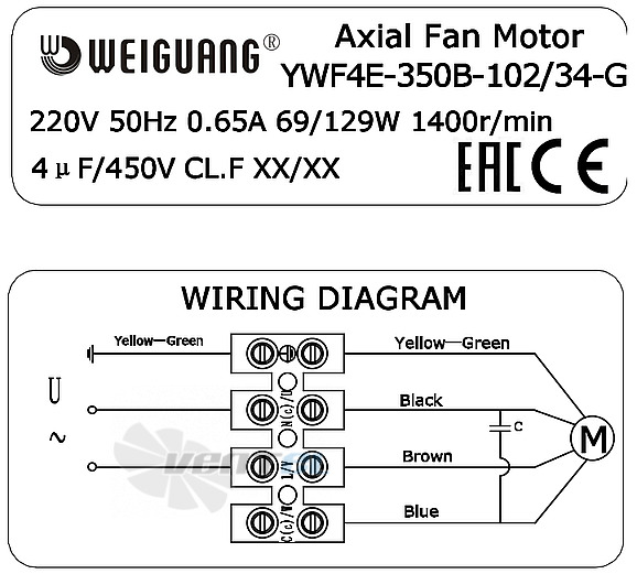 Шильдик и схема электрического присоединения Weiguang YWF4E-350B-102/34-G