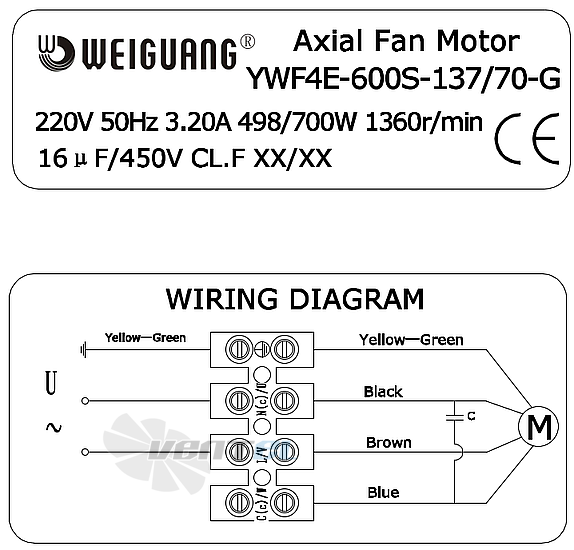 Шильдик и схема электрического присоединения Weiguang YWF4E-600S-137/70-G