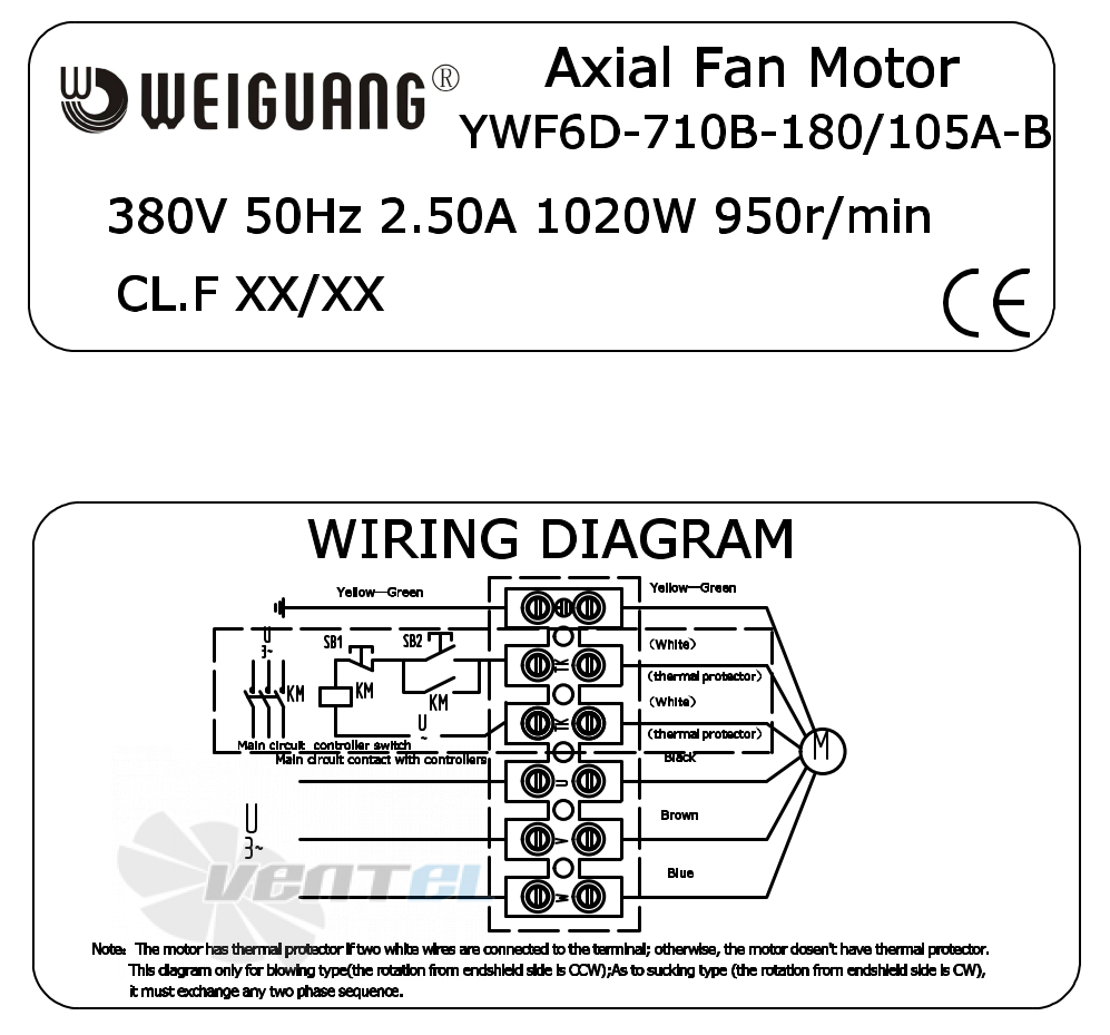 Шильдик и схема электрического присоединения Weiguang YWF6D-710B-180/105A-B