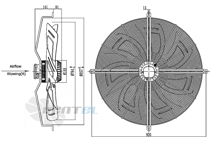 Чертеж и габаритные размеры Weiguang YWF6D-800B-168/80-G