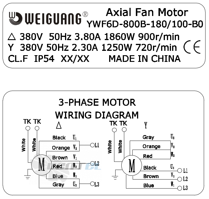 Шильдик и схема электрического присоединения Weiguang YWF6D-800B-180/100-B0 1.25 кВт