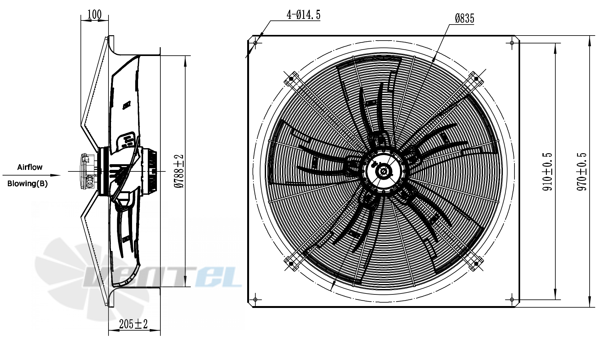 Габаритные размеры Weiguang YWF6D-800B-180/105A-B 1.3 кВт