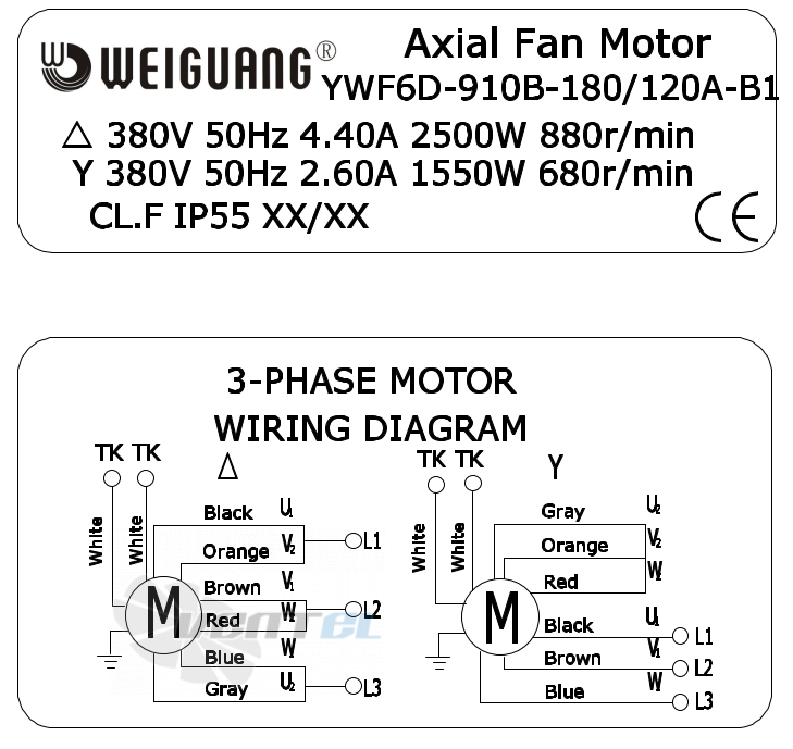Шильдик и схема электрического присоединения Weiguang YWF6D-910B-180/120A-B1