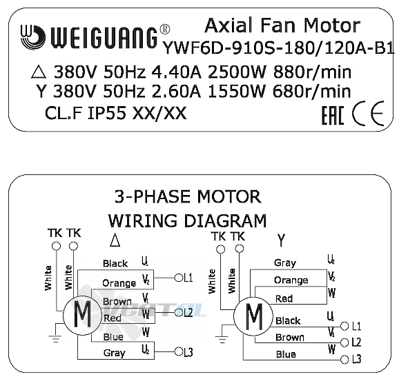 Шильдик и схема электрического присоединения Weiguang YWF6D-910S-180/120A-B1
