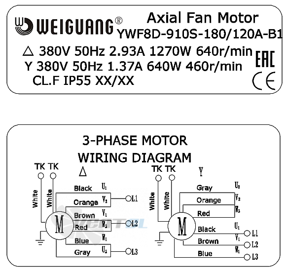 Шильдик и схема электрического присоединения Weiguang YWF8D-910S-180/120A-B1 0.64 кВт
