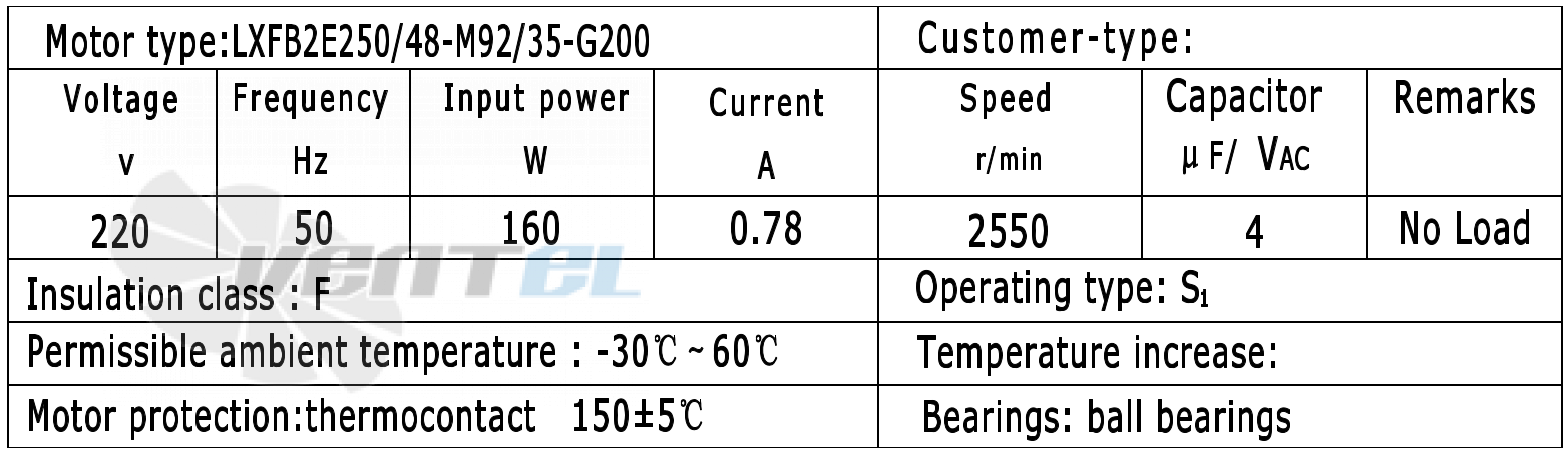 Параметры работы Weiguang LXFB2E250-48-M92-35-G200