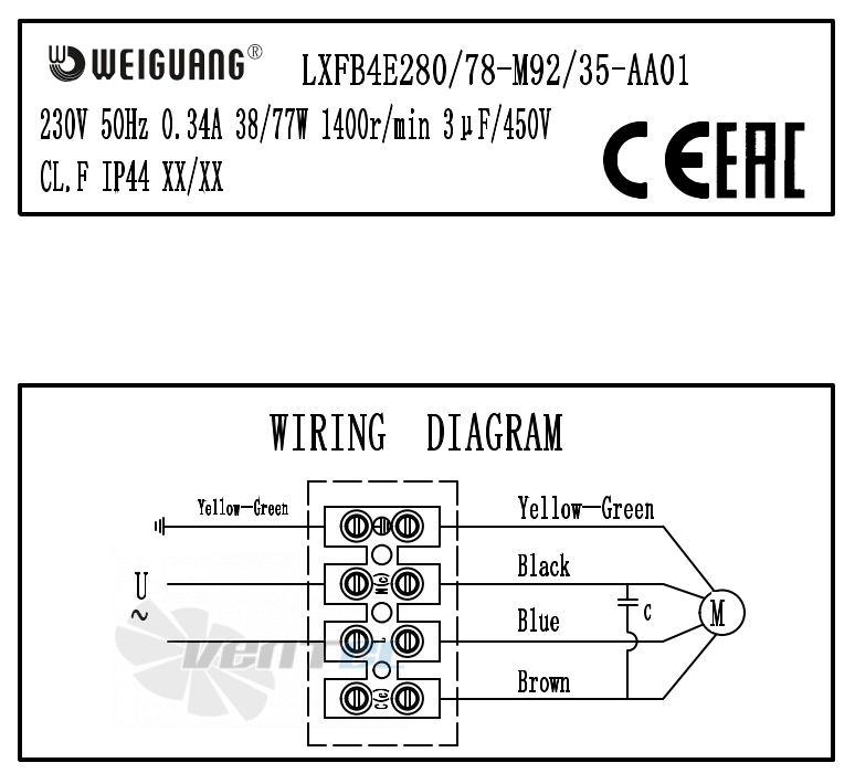 Шильдик и схема электрического присоединения Weiguang LXFB4E280/78-M92/35-AA01 230V