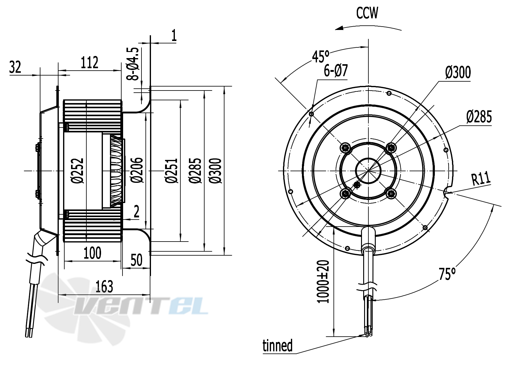 Присоединительные размеры Weiguang LXFF4D250-100-M137-70-AB02