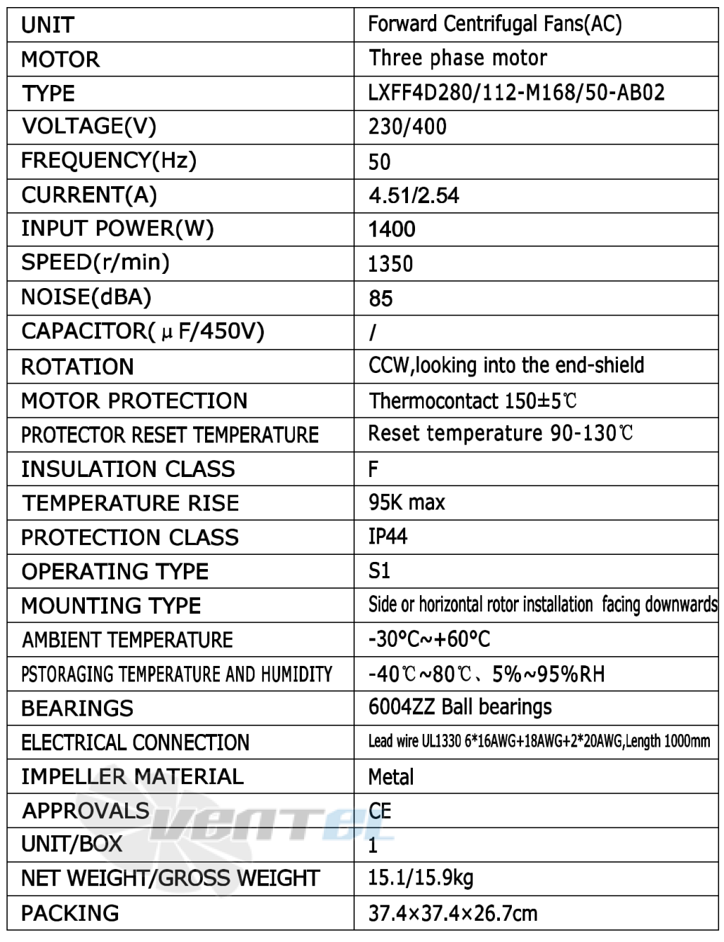 Параметры работы Weiguang LXFF4D280-112-M168-50-AB02