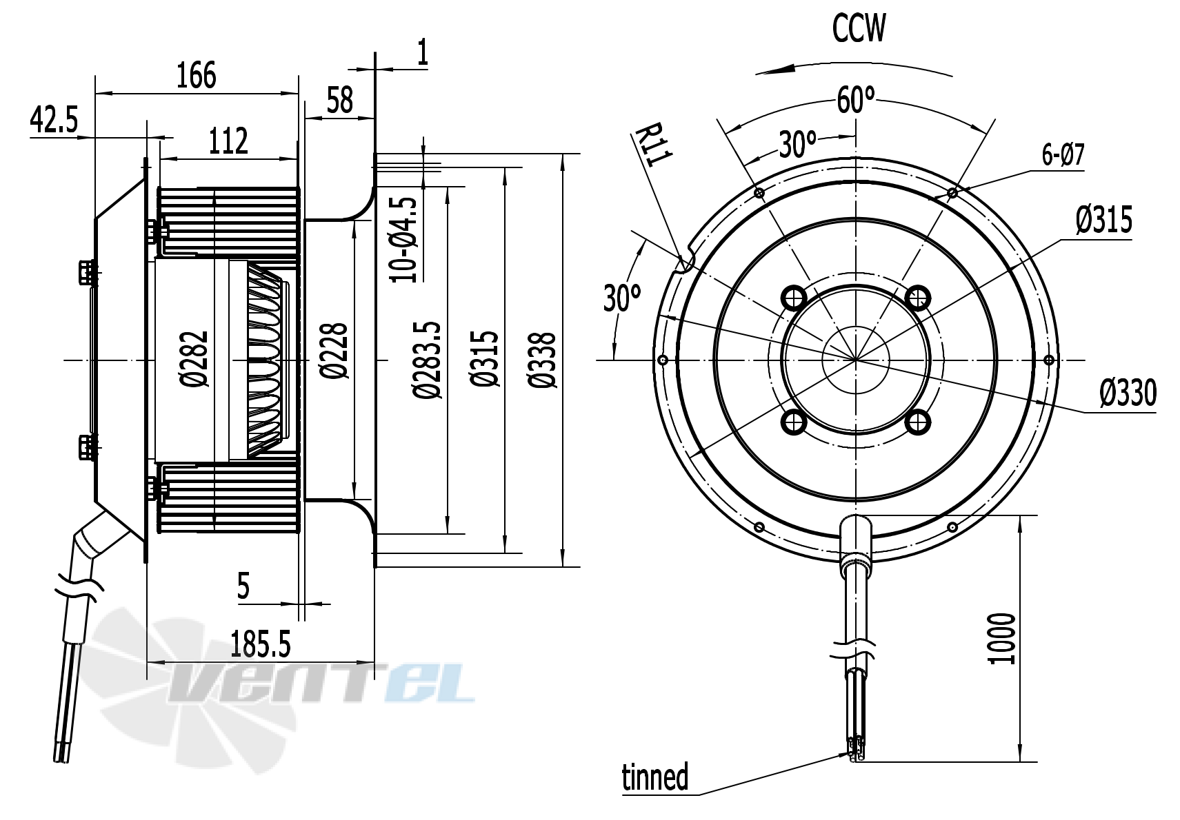 Габаритные и присоединительные размеры Weiguang LXFF4D280-112-M168-50-AB02