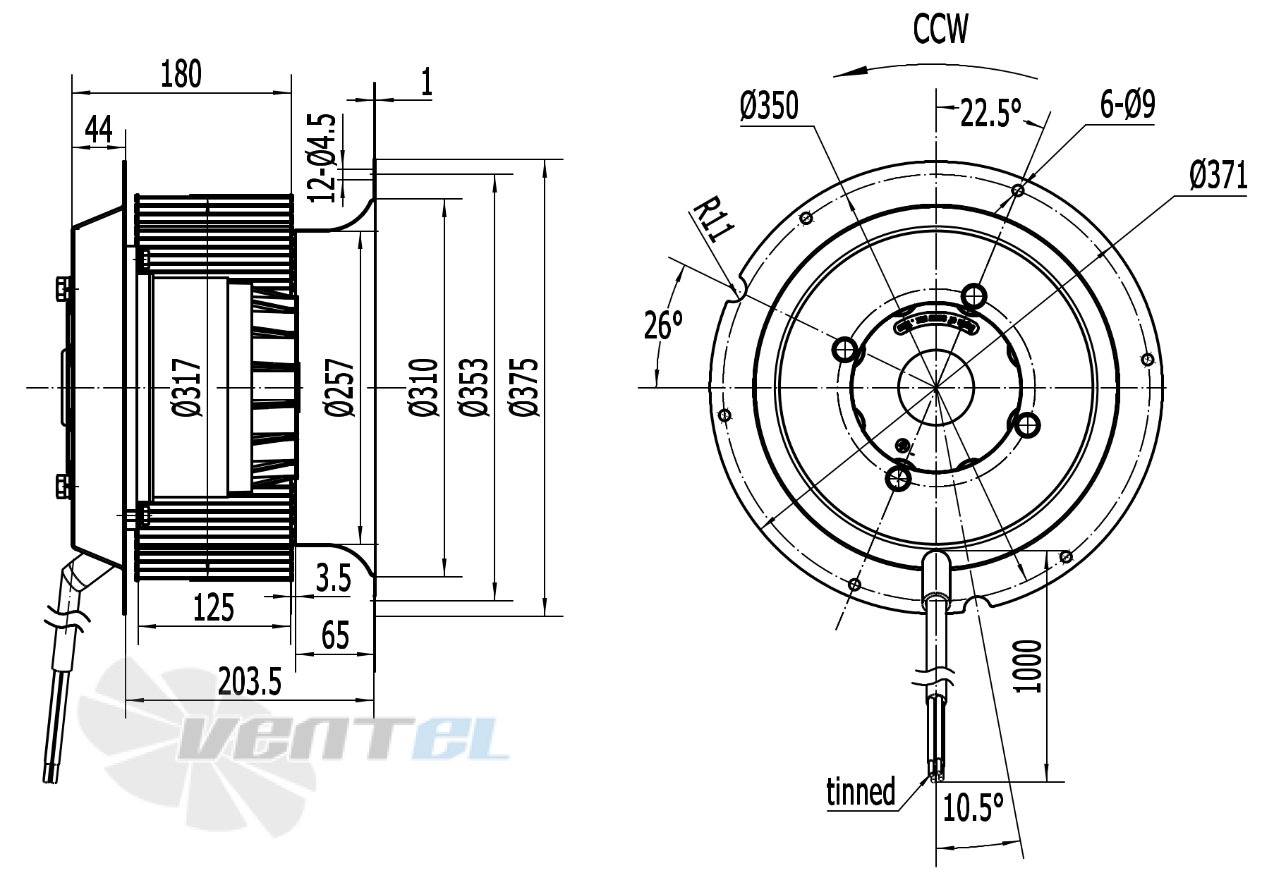 Габаритные и присоединительные размеры Weiguang LXFF4D315-125-M180-75-AB02