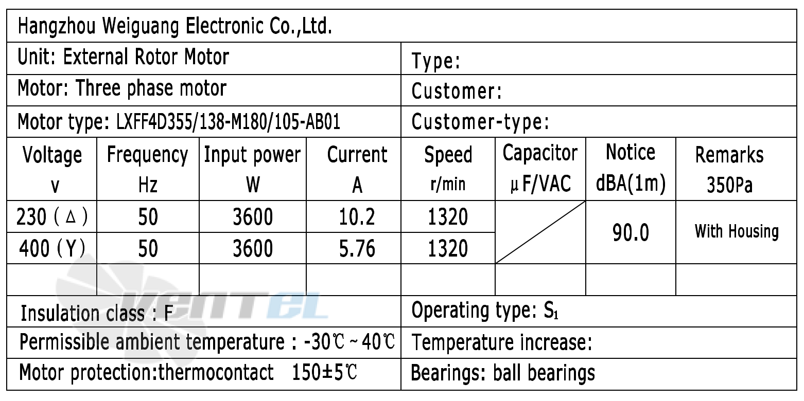 Параметры работы Weiguang LXFF4D355-138-M180-105-AB01