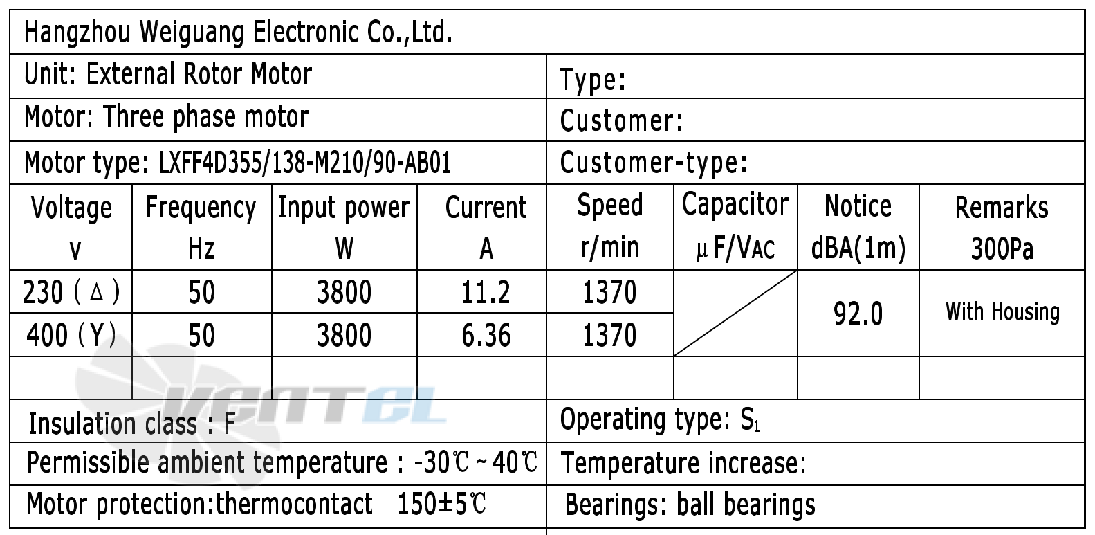 Рабочие параметры Weiguang LXFF4D355/138-M210/90-AB01