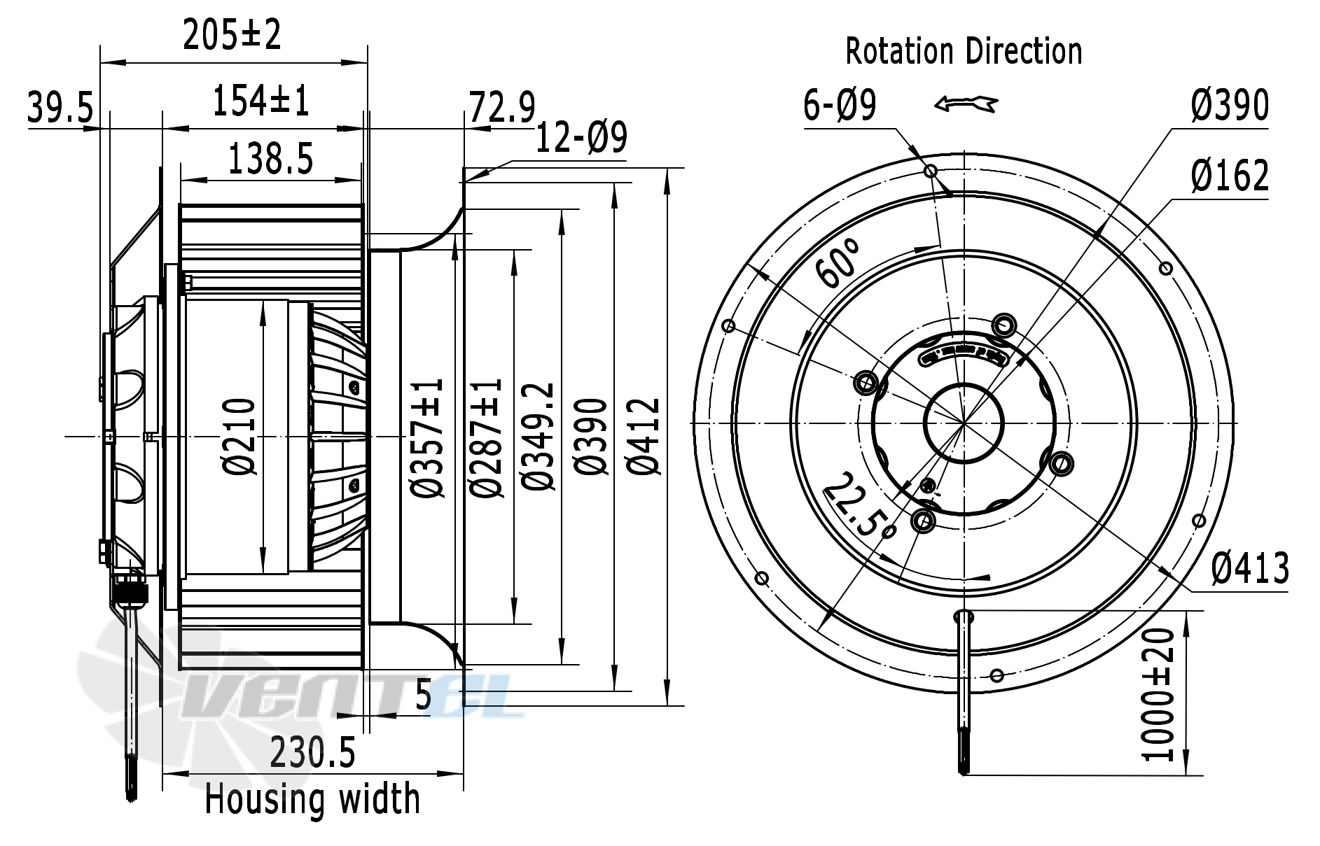 Чертеж и габаритные размеры Weiguang LXFF4D355/138-M210/90-AB01