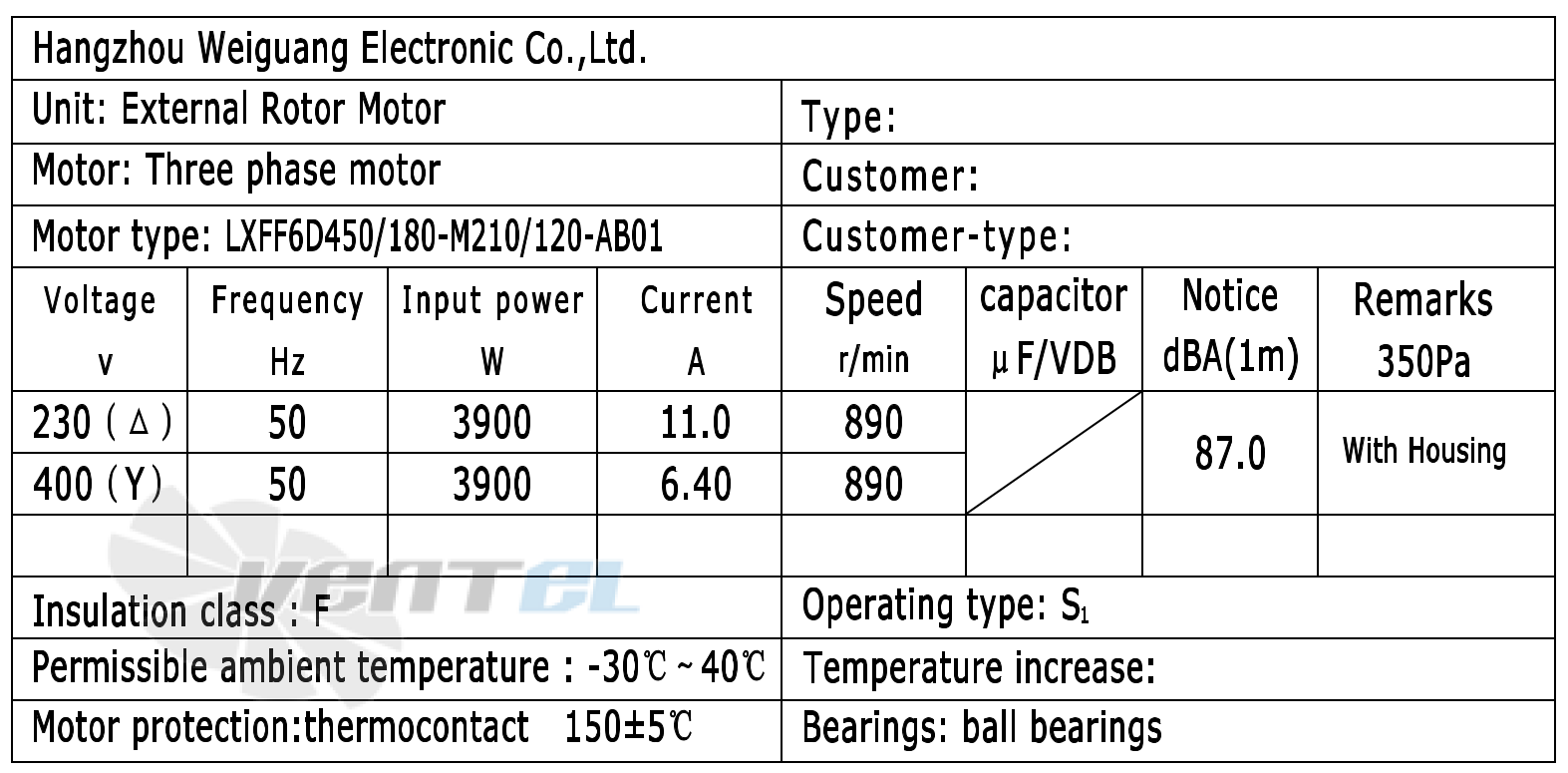Рабочие параметры Weiguang LXFF6D450/180-M210/120-AB01