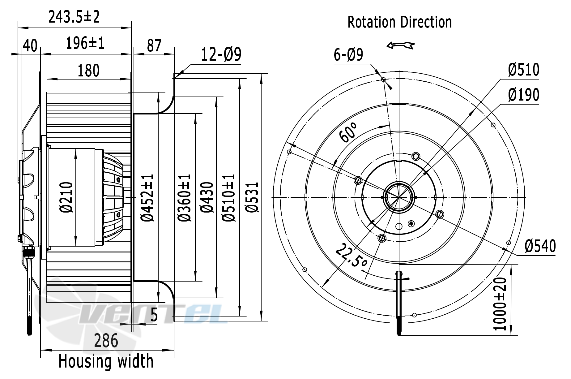 Чертеж и габаритные размеры Weiguang LXFF6D450/180-M210/120-AB01