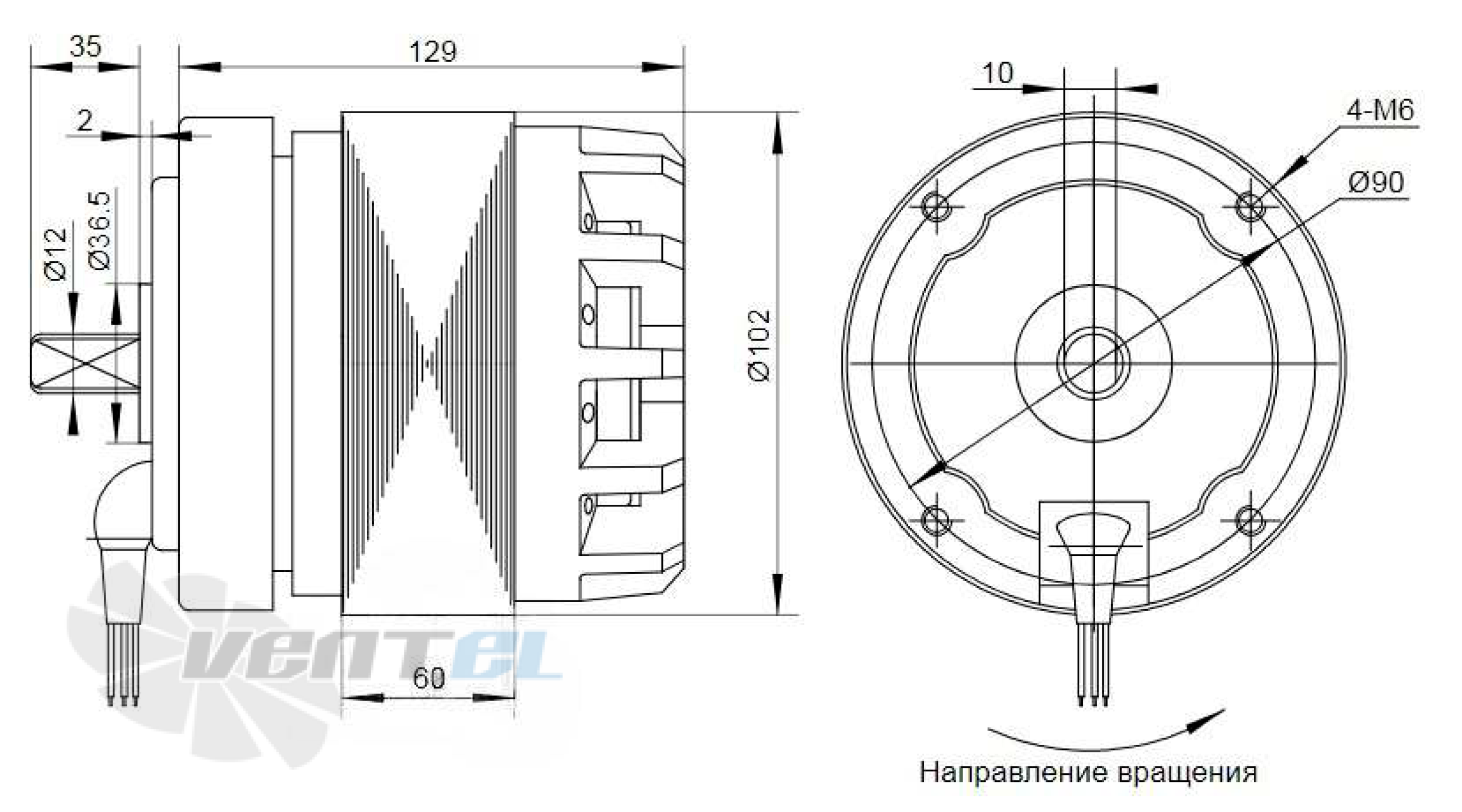 Чертеж и исполнение YWF4E-102/60B-K (12 мм)