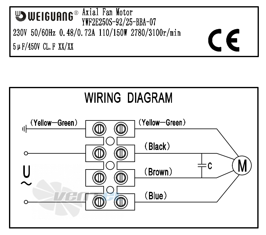 Шильдик и схема электрического присоединения Weiguang YWF2E250S-92/25-BBA-07