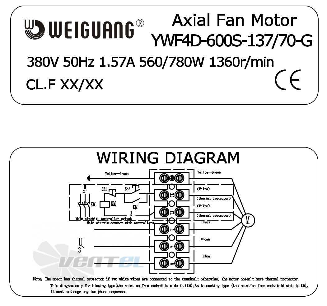 Шильдик и схема электрического присоединения Weiguang YWF4D-600S-137/70-G