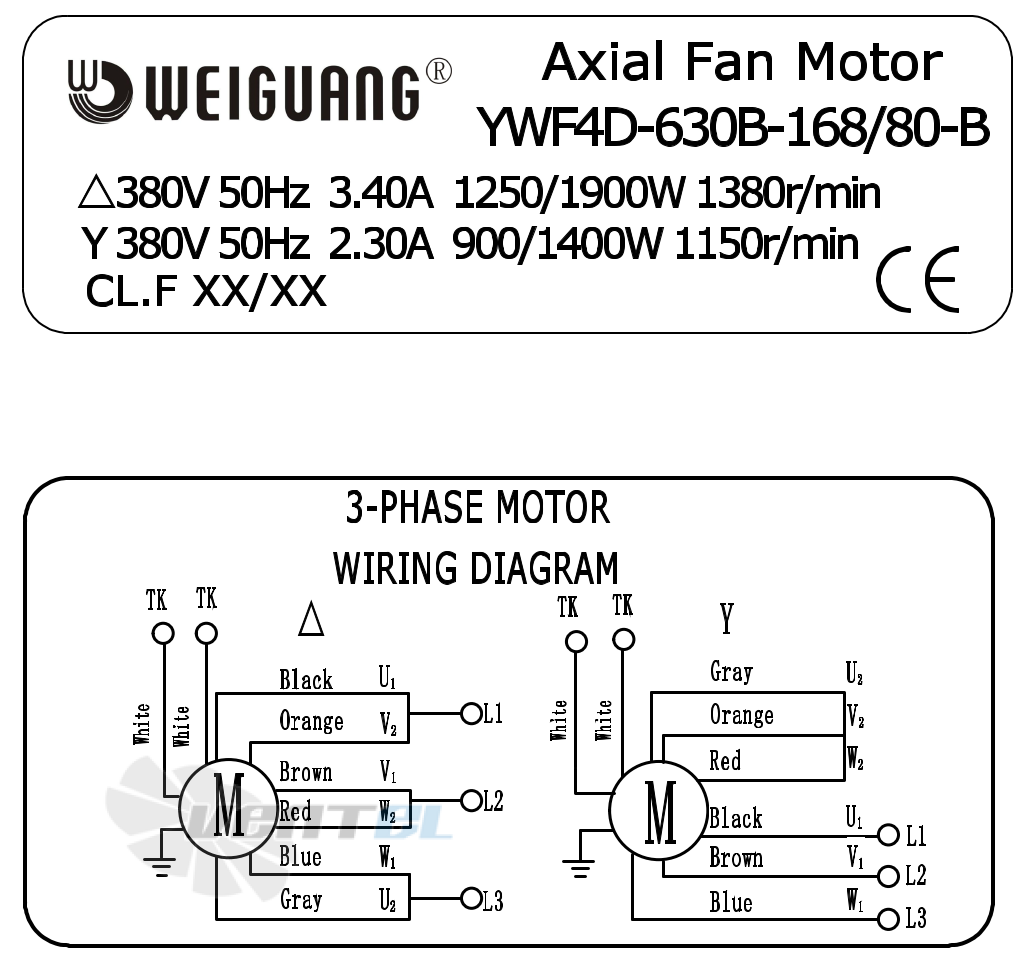Шильдик и схема электрического присоединения Weiguang YWF4D-630B-168/80-B