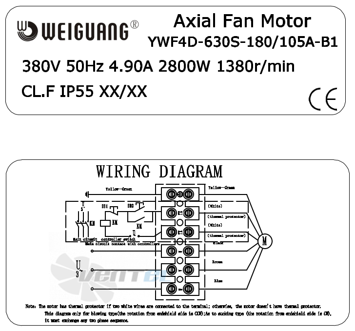 Шильдик и схема электрического присоединения Weiguang YWF4D-630S-180/105A-B1