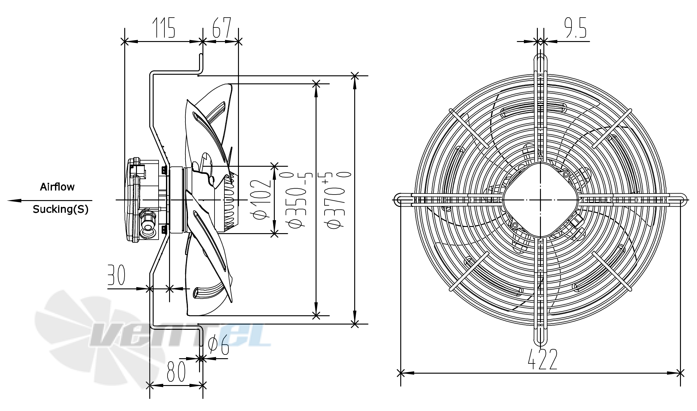 Размеры Weiguang YWF4E-350S-102/47-G Размеры Weiguang YWF4E-350S-102/47-G