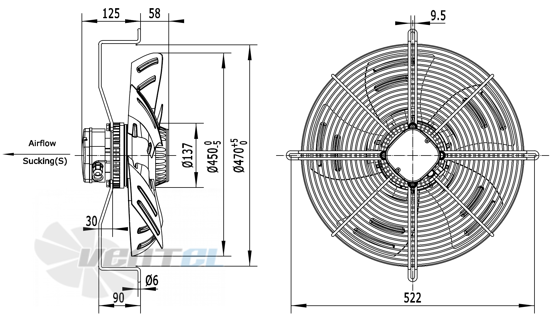 Габаритные размеры Weiguang YWF4E-450S-137/35-G