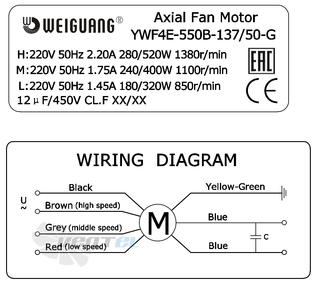 Шильдик и схема электрического присоединения Weiguang YWF4E-550B-137/50-G (3S)