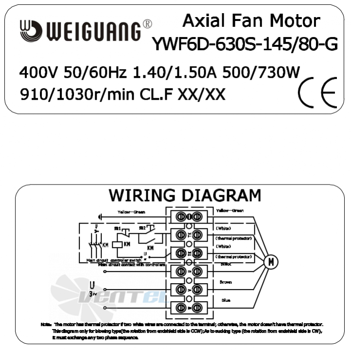 Шильдик и схема электрического присоединения Weiguang YWF6D-630S-145/80-G 0.5 кВт
