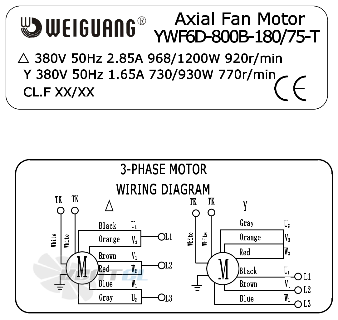 Шильдик и схема электрического присоединения Weiguang YWF6D-800B-180/75-T 0.93 кВт
