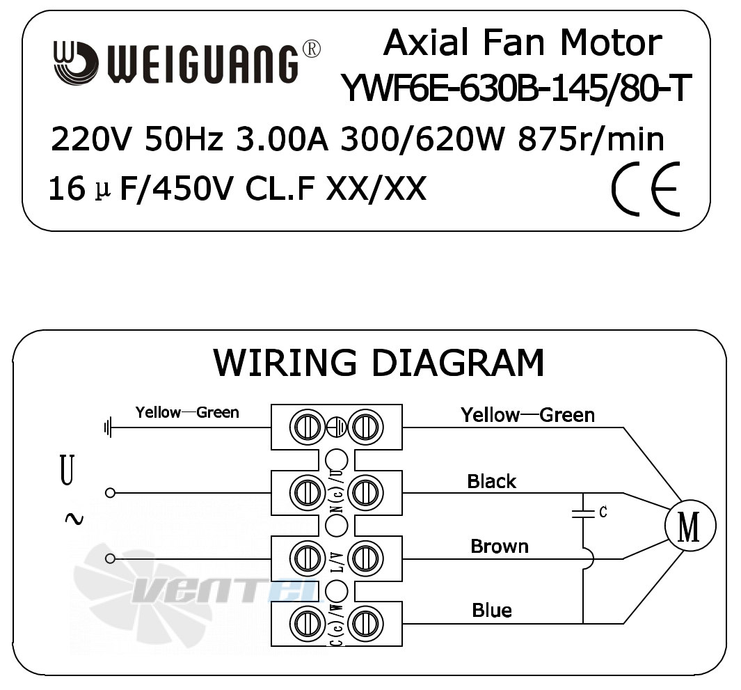 Шильдик и схема электрического присоединения Weiguang YWF6E-630B-145/80-T