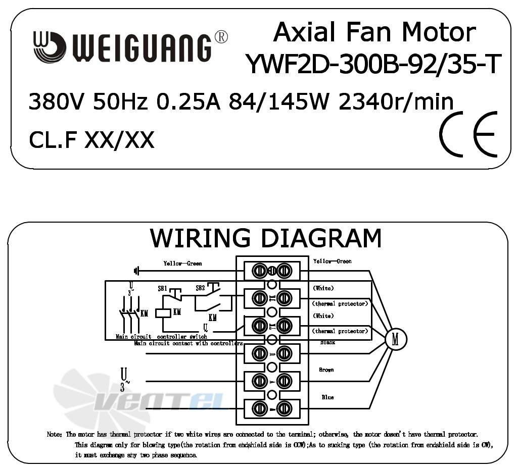 Информация на шильде и схема электрического присоединения Weiguang YWF2D-300-B-92/35-T Информация на шильде и схема электрического присоединения Weiguang YWF2D-300-B-92/35-T