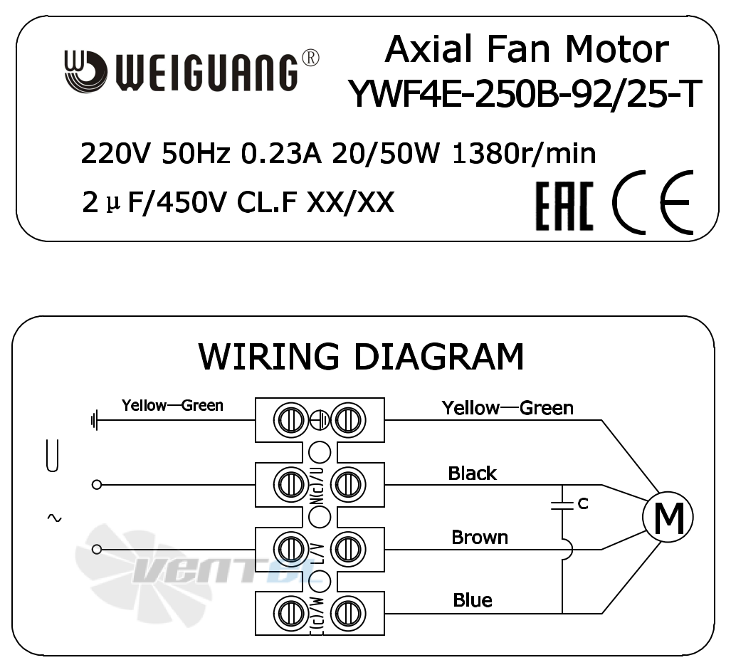 Информация на шильде и схема электрического присоединения Weiguang YWF4E-250-B-92/25-T Информация на шильде и схема электрического присоединения Weiguang YWF4E-250-B-92/25-T