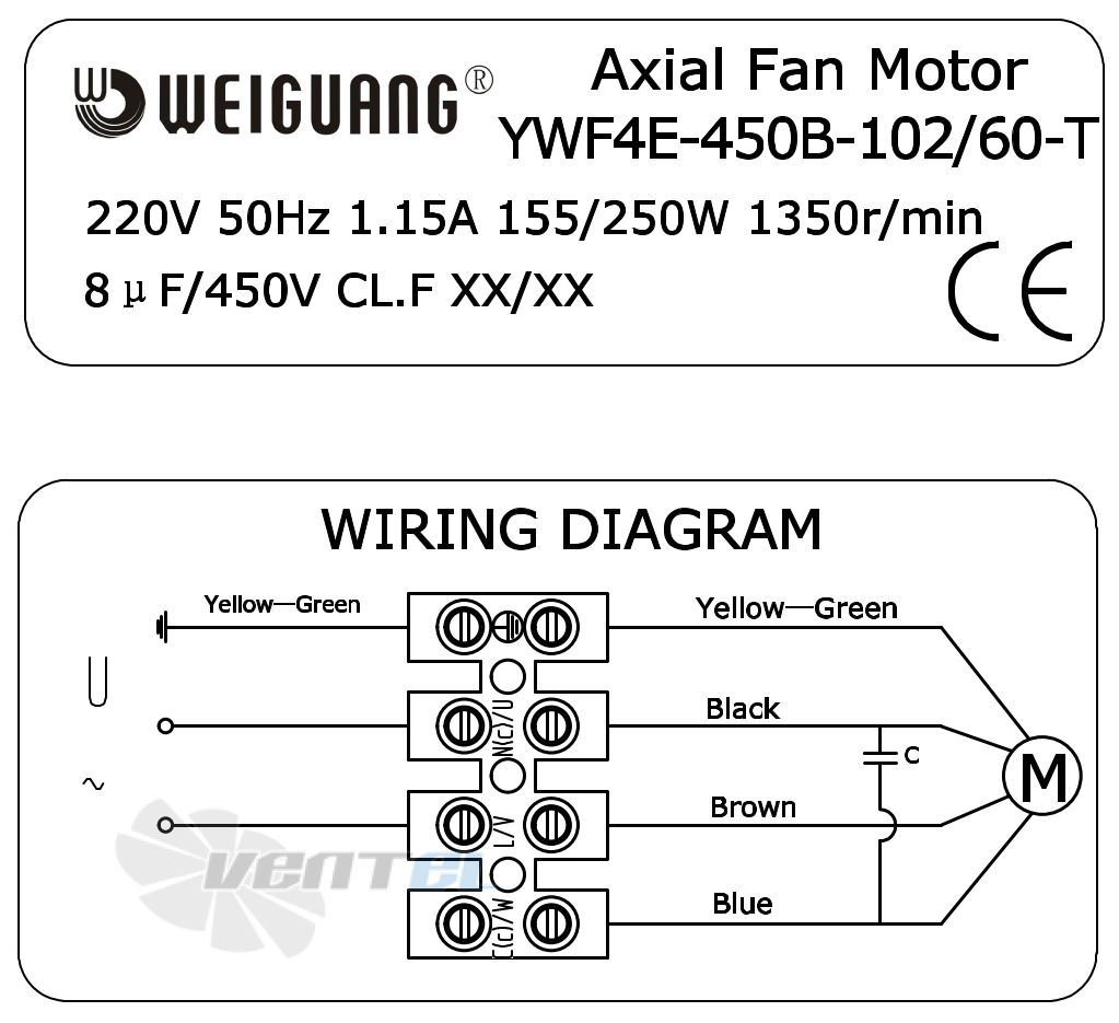 Информация на шильде и схема электрического присоединения Weiguang YWF4E-450-B-102/60-T