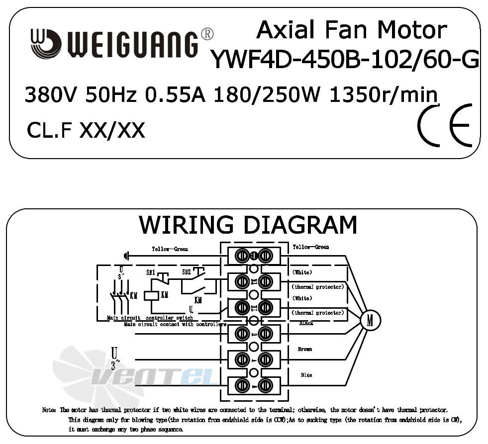 Информация на шильде и схема электрического присоединения Weiguang YWF4D-450-B-102/60-G Информация на шильде и схема электрического присоединения Weiguang YWF4D-450-B-102/60-G