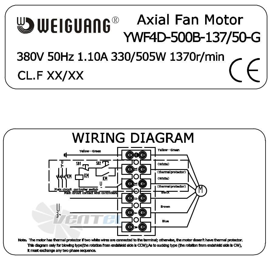 Информация на шильде и схема электрического присоединения Weiguang YWF4D-500-B-137/50-G Информация на шильде и схема электрического присоединения Weiguang YWF4D-500-B-137/50-G