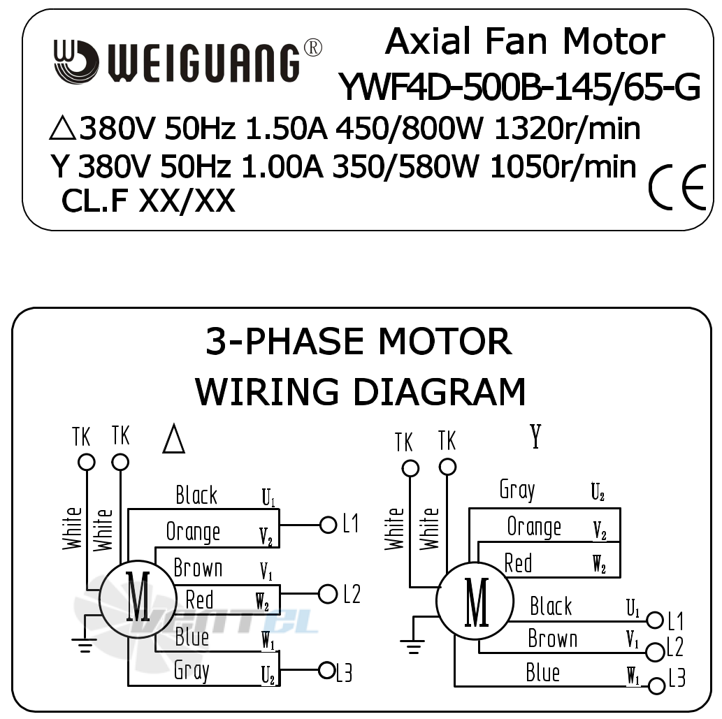 Информация на шильде и схема электрического присоединения Weiguang YWF4D-500-B-145/65-G Информация на шильде и схема электрического присоединения Weiguang YWF4D-500-B-145/65-G