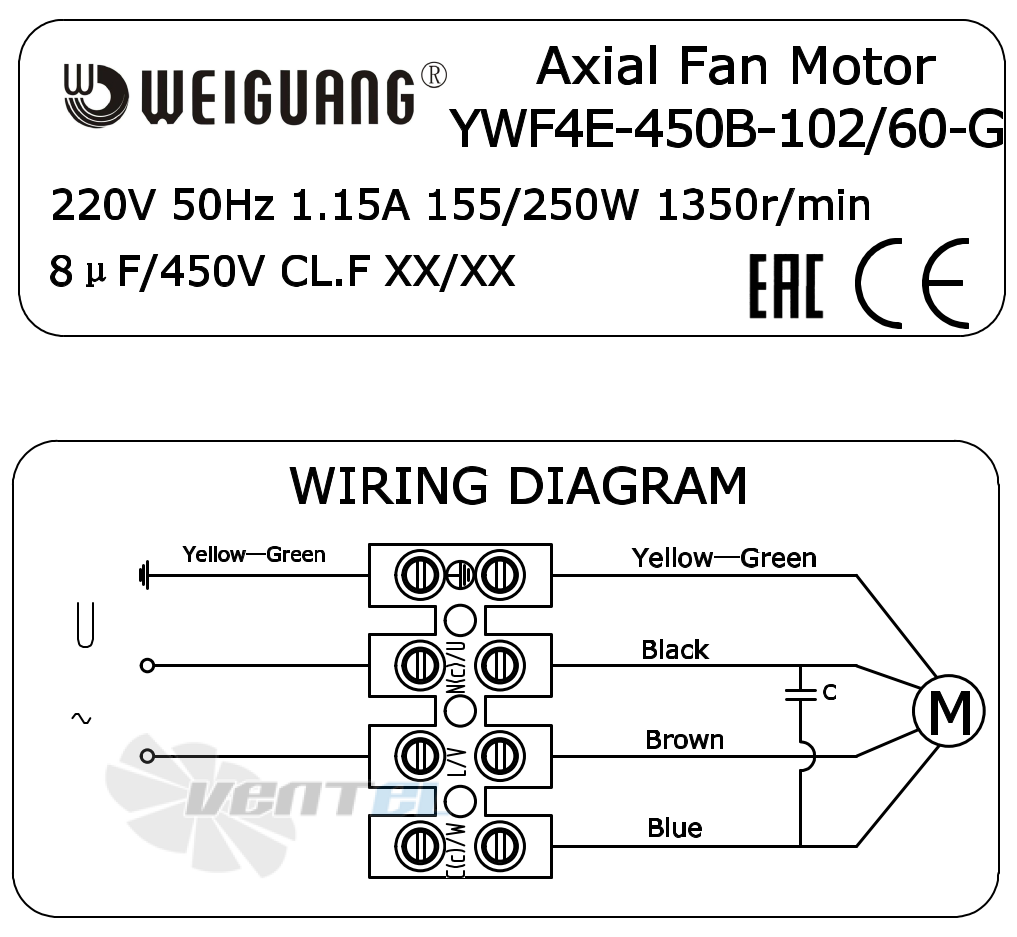 Информация на шильде и схема электрического присоединения Weiguang YWF4E-450-B-102/60-G Информация на шильде и схема электрического присоединения Weiguang YWF4E-450-B-102/60-G