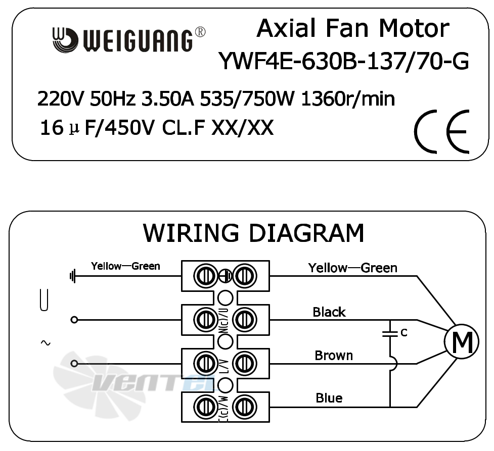 Информация на шильде и схема электрического присоединения Weiguang YWF4E-630-B-137/70-G Информация на шильде и схема электрического присоединения Weiguang YWF4E-630-B-137/70-G