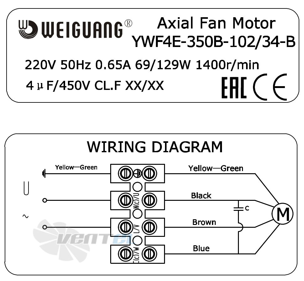 Информация на шильде и схема электрического присоединения Weiguang YWF4E-350-B-102/34-B Информация на шильде и схема электрического присоединения Weiguang YWF4E-350-B-102/34-B