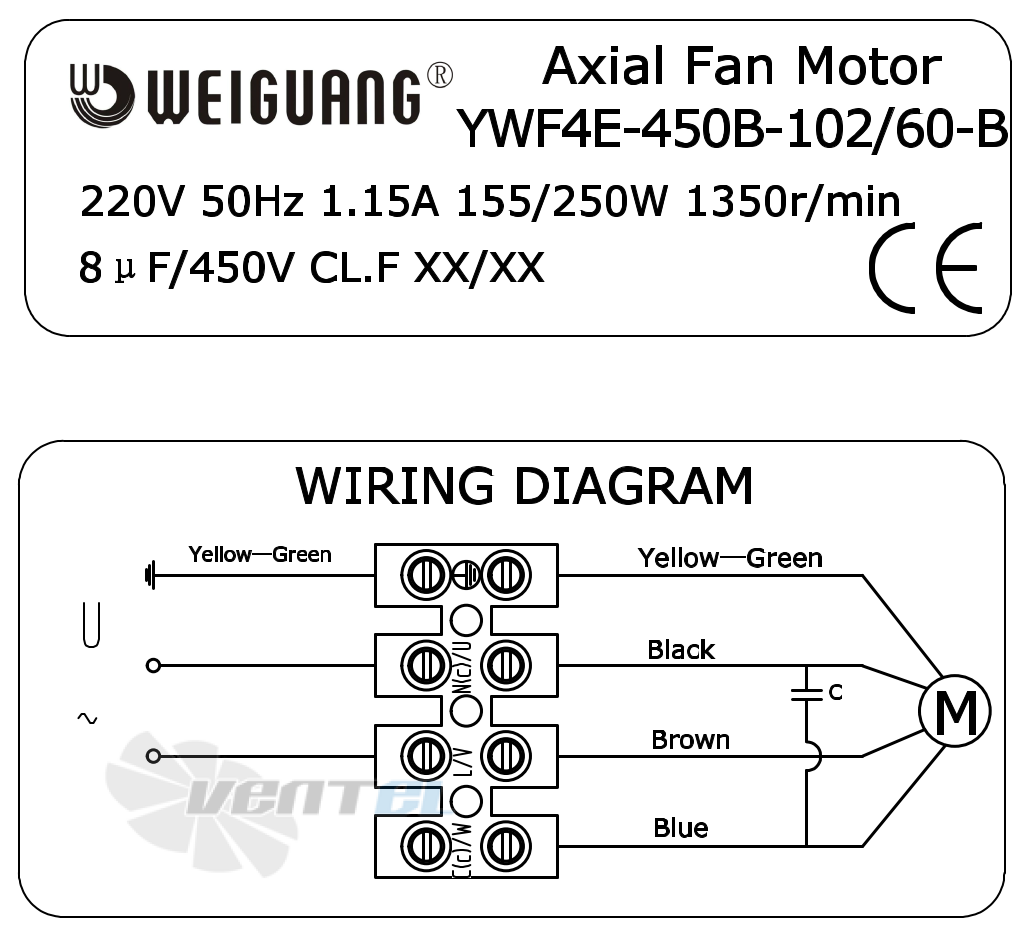 Информация на шильде и схема электрического присоединения Weiguang YWF4E-450-B-102/60-B Информация на шильде и схема электрического присоединения Weiguang YWF4E-450-B-102/60-B