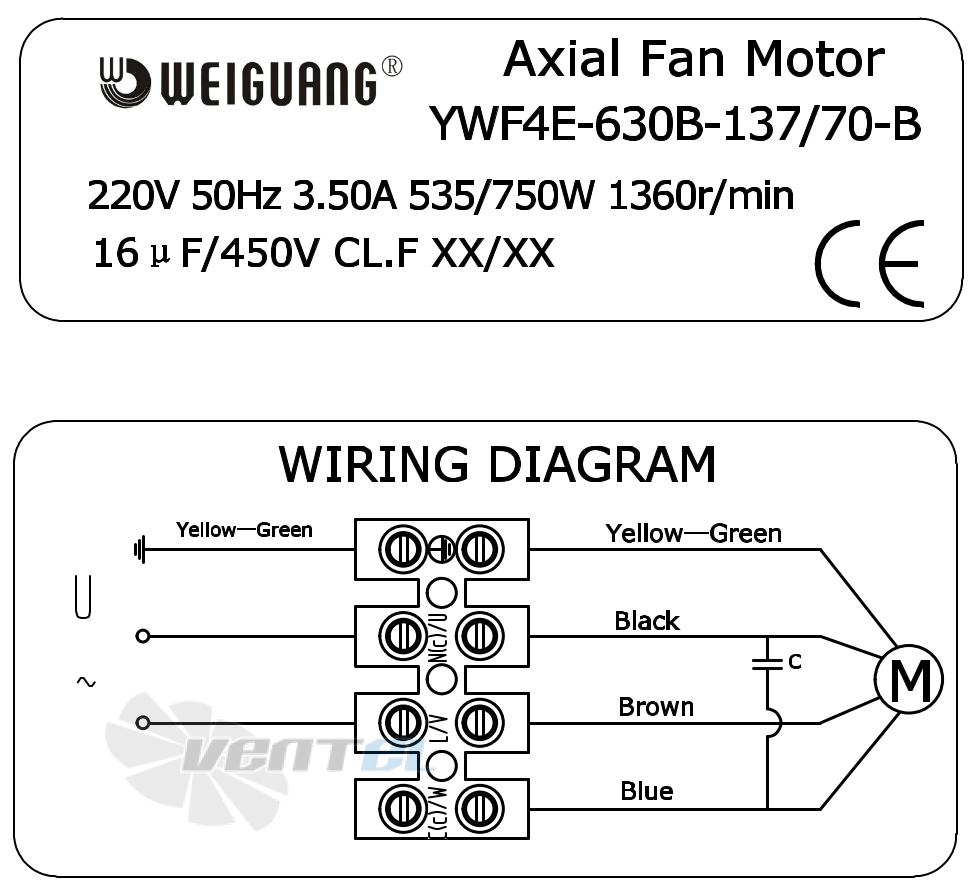 Информация на шильде и схема электрического присоединения Weiguang YWF4E-630-B-137/70-B Информация на шильде и схема электрического присоединения Weiguang YWF4E-630-B-137/70-B