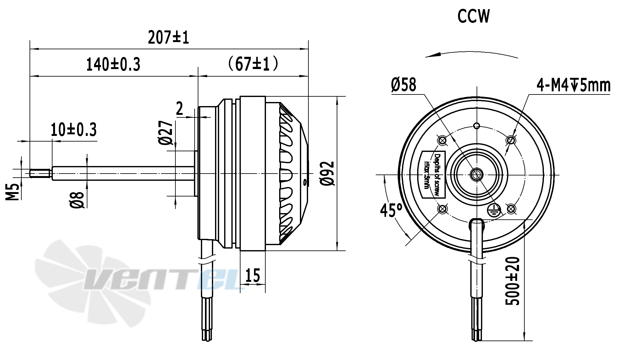 Чертеж и габаритные размеры Weiguang YWF2E-92/15B-J