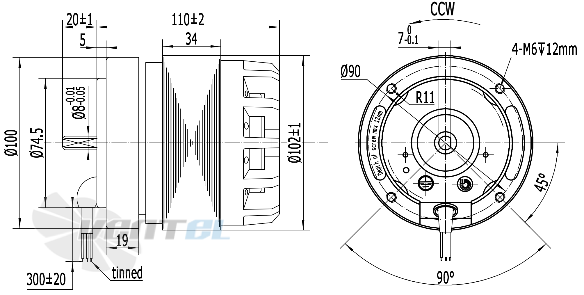 Схема и габаритные размеры Weiguang YWF4E-102/34B-K