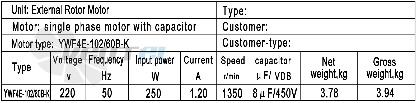 Рабочие параметры Weiguang YWF4E-102/60B-K (11 мм)