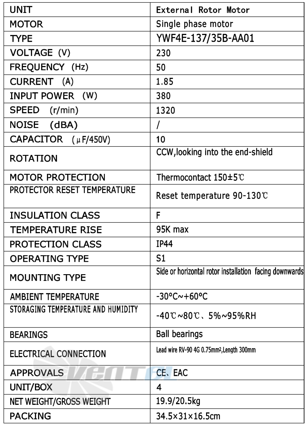 Рабочие параметры Weiguang YWF4E-137/35B